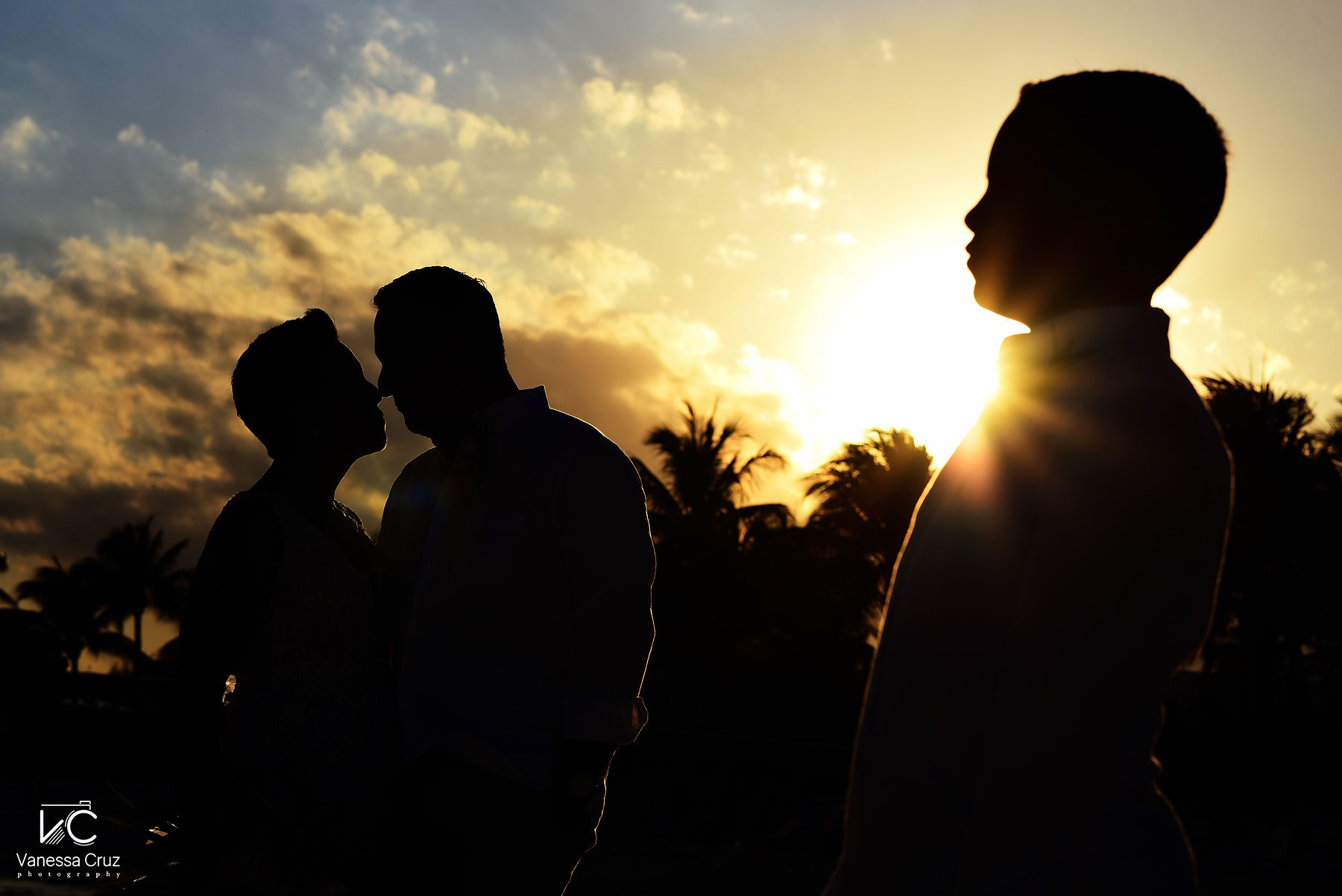 Creative silhouette Bride, Groom and son Destination Wedding Vow Renewal Mayan Palace Riviera Maya Mexico