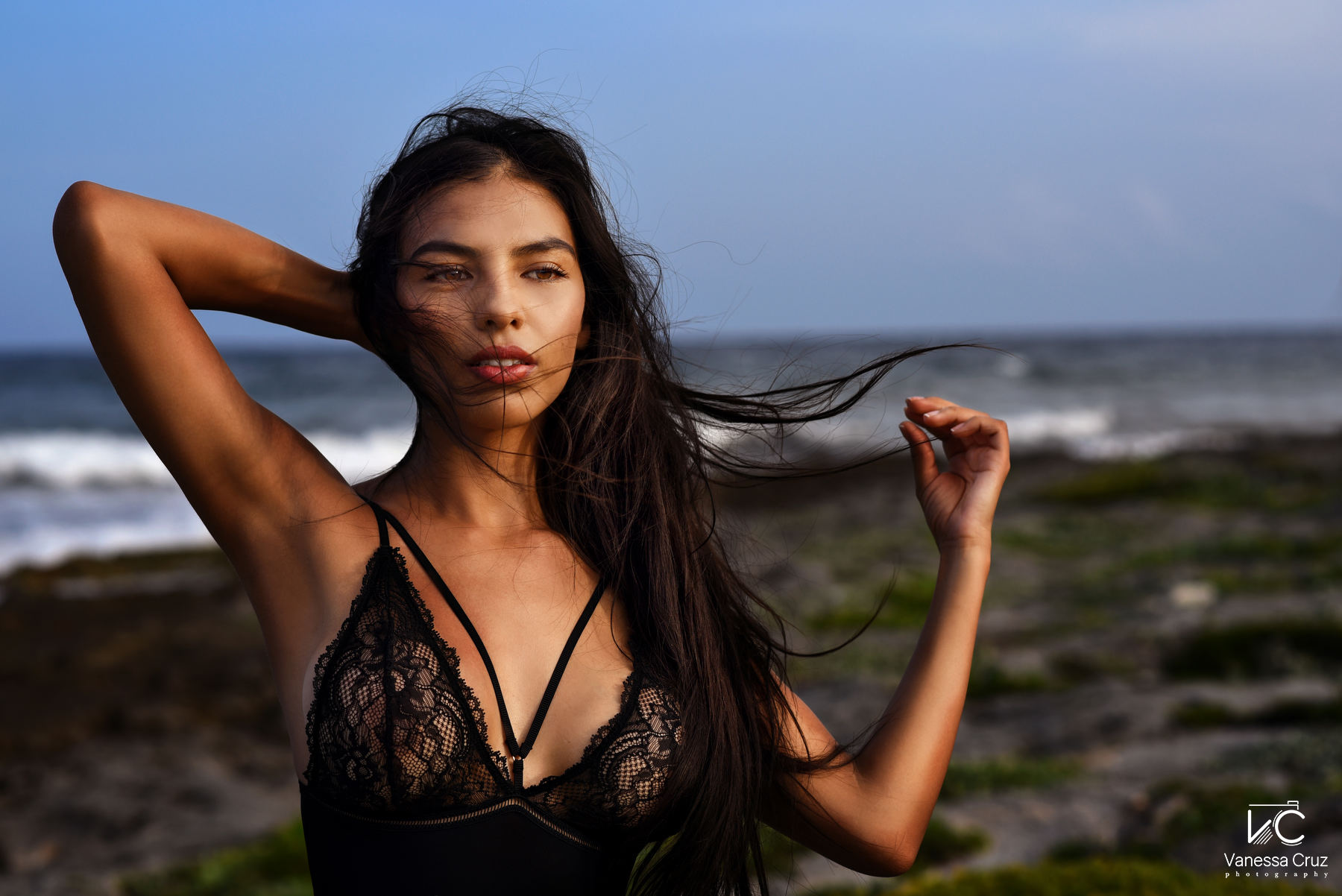 Woman with sexy lingerie at Tulum beach