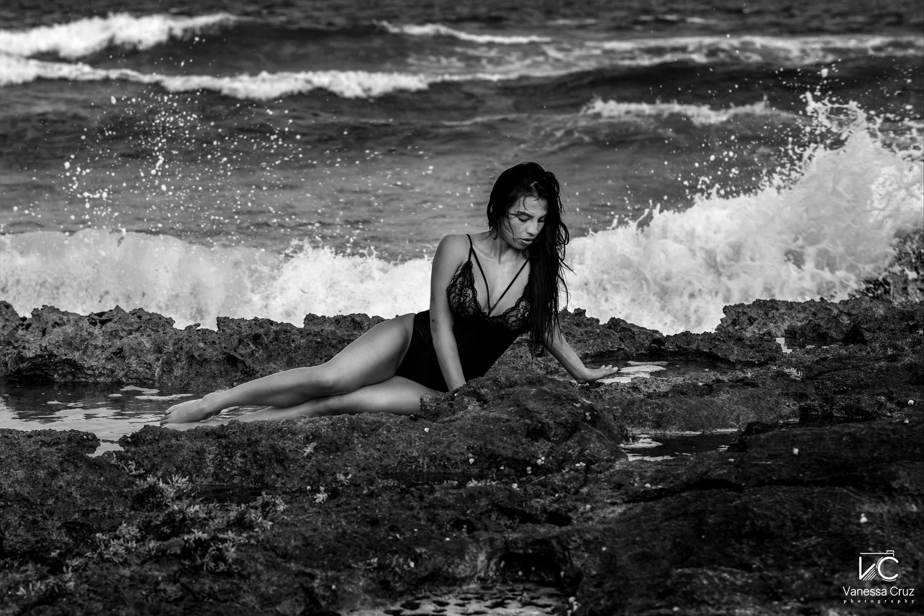 Beautiful black and white woman portrait Tulum beach