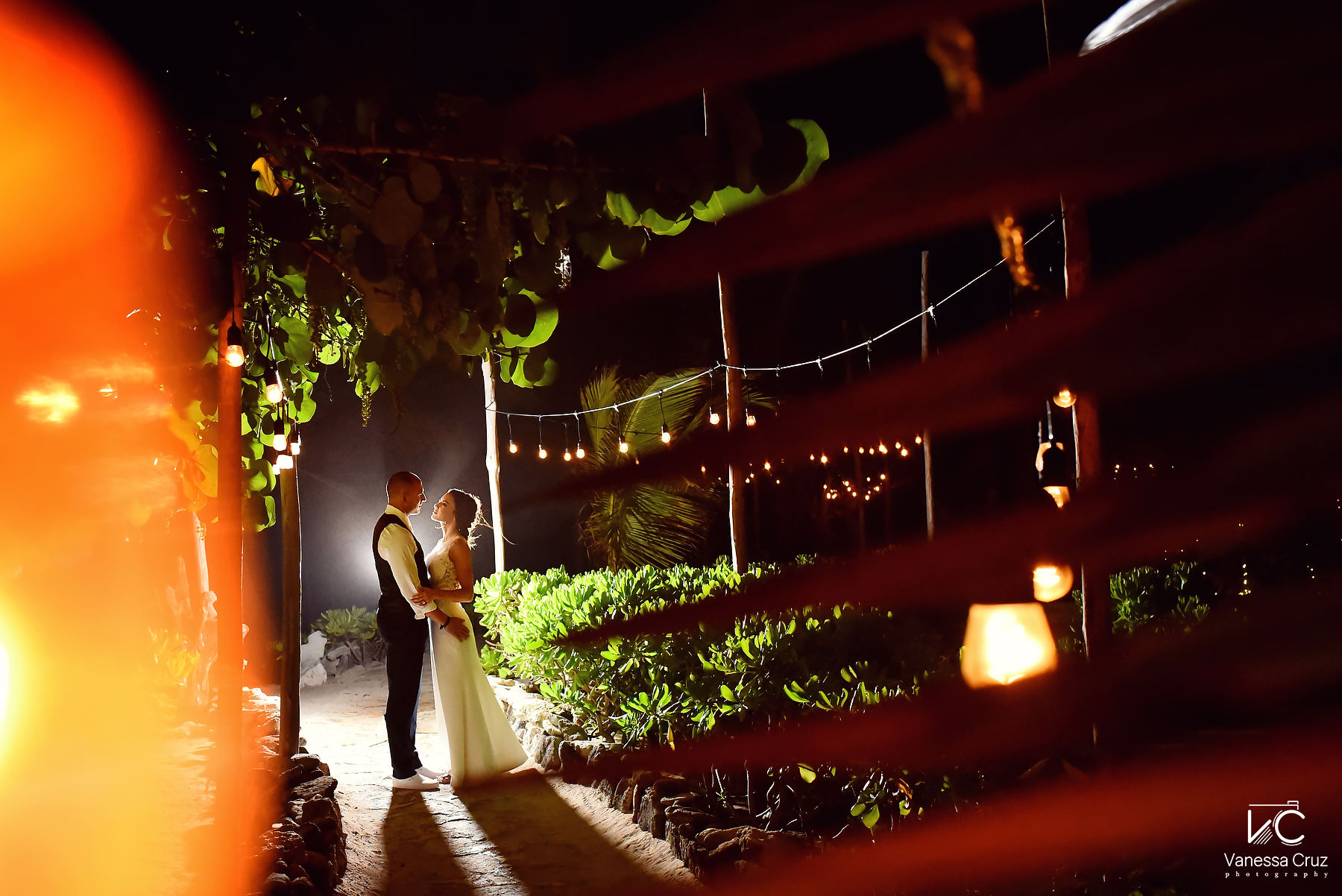 Bride and groom night portrait Blue Venado Beach Riviera Maya Mexico