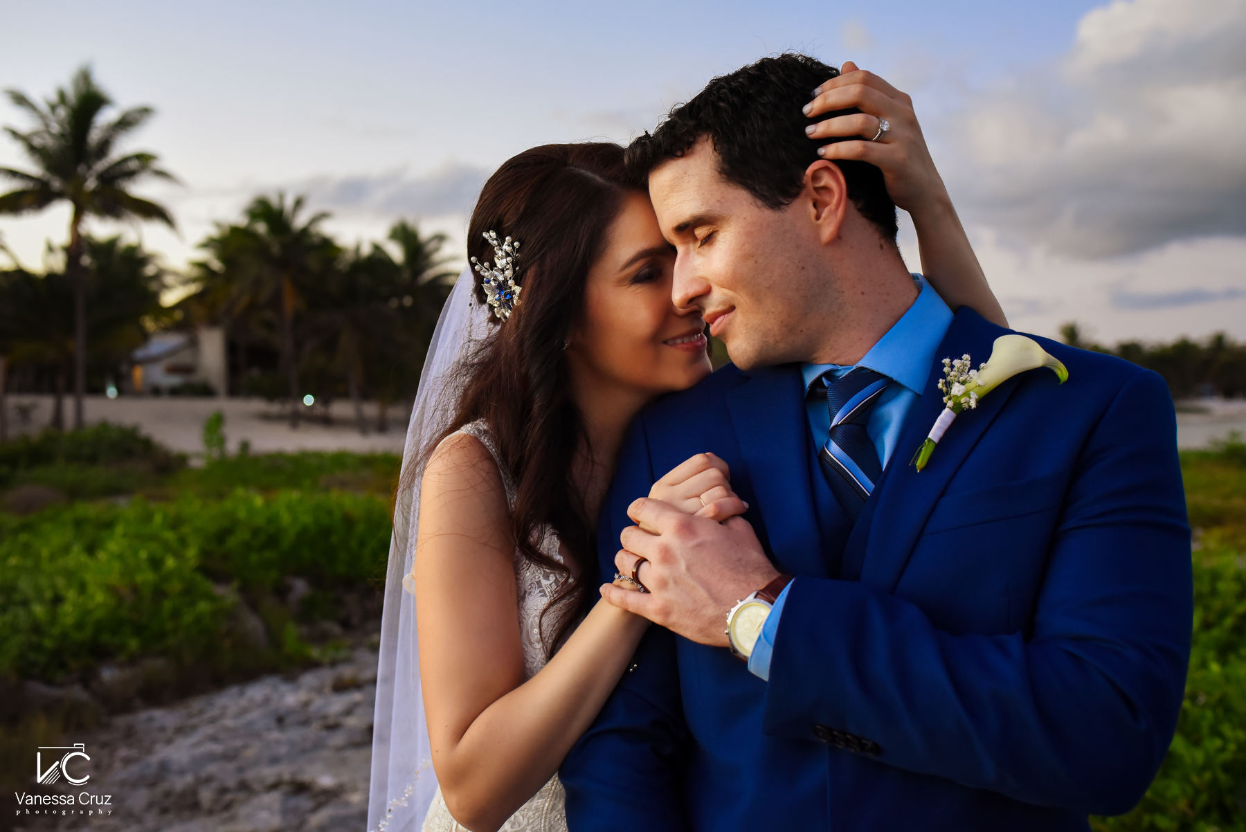 Bride and groom sunset  portrait Playa del Carmen Mexico
