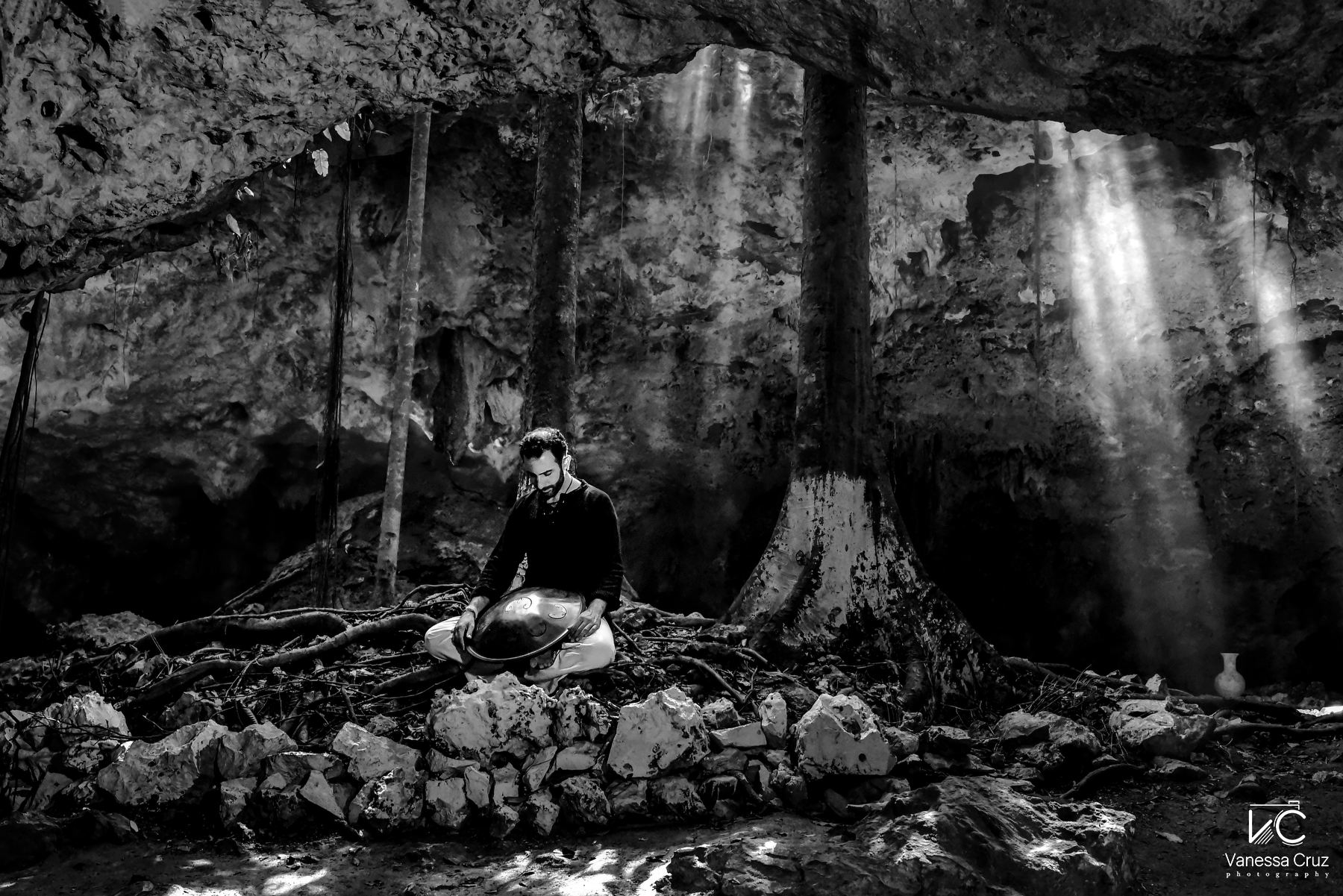 Black and white nature cenote Playa del Carmen Mexico